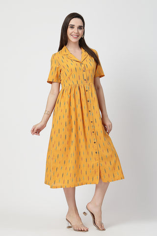 Ikat Print Zipless Feeding Dress Front View - Mustard Yellow Cotton Maternity Dress with Feeding Zips & Pockets