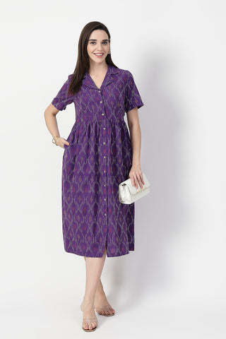 Ikat Print Zipless Feeding Dress Front View - Purple Cotton Maternity Dress with Feeding Zips & Pockets
