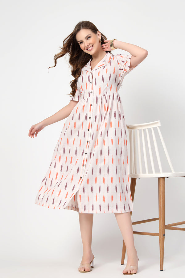 Ikat Print Zipless Feeding Dress-Off White Front View - White Cotton Maternity Dress with Feeding Zips & Pockets