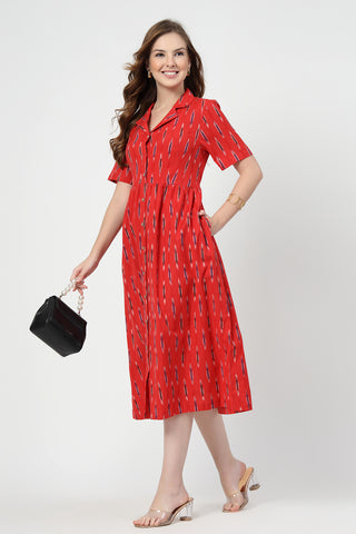 Ikat Print Zipless Feeding Dress-Brick Red Front View - Red Cotton Maternity Dress with Feeding Zips & Pockets