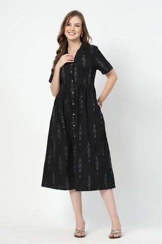 Ikat Print Zipless Feeding Dress-Black & Grey Front View - Black Cotton Maternity Dress with Feeding Zips & Pockets