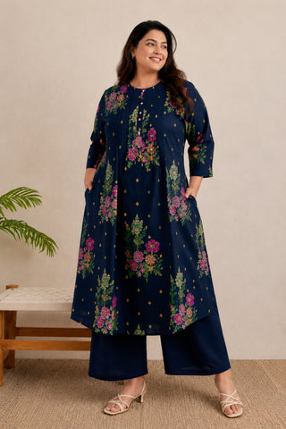 Zipless Feeding Cotton Maternity Kurta-Pant Set - Navy Blue