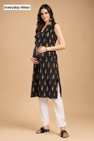 Ikat V-Neck Zipless Feeding Sleeveless Maternity Kurta - Black