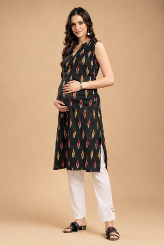 Ikat V-Neck Zipless Feeding Sleeveless Maternity Kurta - Black