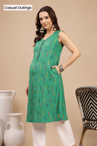 Ikat Sleeveless Zipless Maternity Kurta - Green