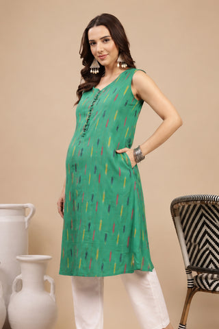 Ikat Sleeveless Zipless Maternity Kurta - Green