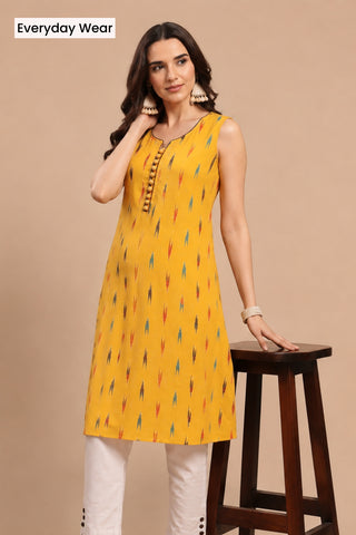 Ikat Sleeveless Zipless Maternity Kurta - Mustard