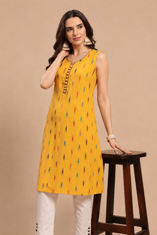 Ikat Sleeveless Zipless Maternity Kurta - Mustard