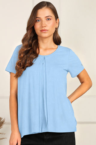 M-Blue Front & Back Pleated Zipless Nursing Top