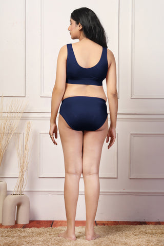 Navy Padded Bra; four-way stretch fabric accommodates overnight fullness changes.