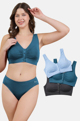 Ruched Modal Front-Open Bra - (Pack Of 3) (Black, Airforce, Cornflower Blue)
