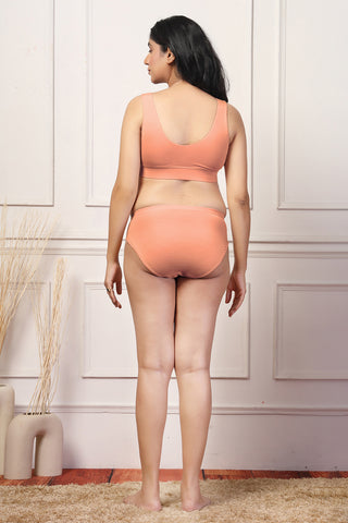 Peach Maternity Bra; easy pull-aside access supports baby self-latching.