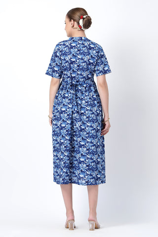 Close Up of Cotton Fabric Detail on Mehr – The Festive Zipless Feeding Lapel Dress- Indigo Blue