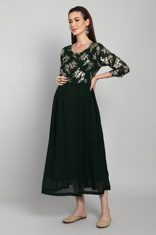 Maternity Gown for Photoshoot - Bottle Green with Gold Foil Print