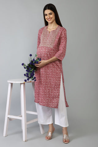 Pink and White Embroidery & Sequins Maternity Kurti