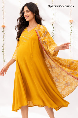 Laila – The Jewel-Tone Feeding Jacket Dress Set - Mustard Yellow