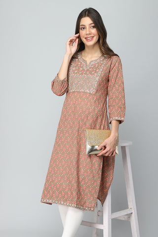 Light Brown with Pink Flowers, Gold Embroidery & Sequins Maternity Kurti