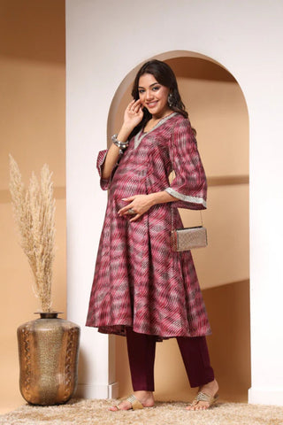 Maroon Maternity 3/4th Sleeves Kurti Pant Set