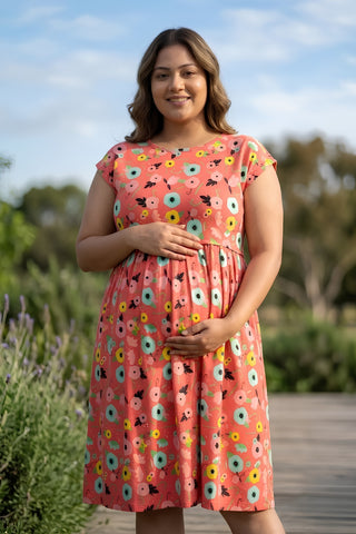 Red Floral Printed Maternity Zipless Feeding Dress