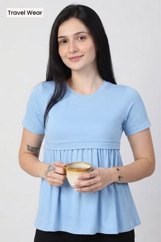 Ice Blue Maternity Zipless Feeding Gathered Top