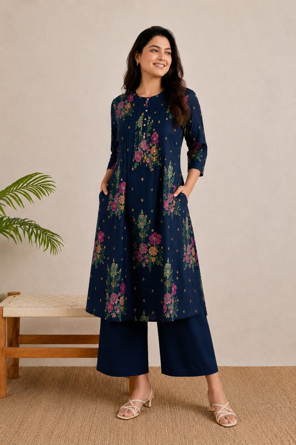 Zipless Feeding Cotton Maternity Kurta-Pant Set - Navy Blue