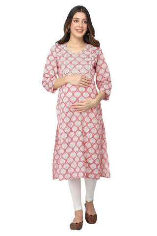 Red and White Embroidery & Sequins Maternity Kurti