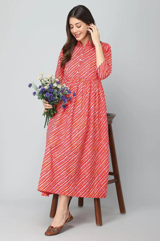 Close-up of the long-sleeve kurti on the Red Orange & White Stripe Print Kurti Kurti.
