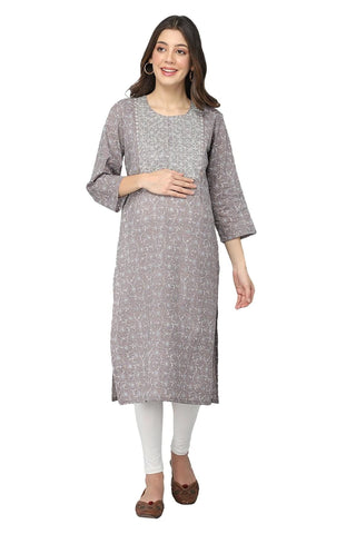 Grey and White Embroidery & Sequins Maternity Kurti