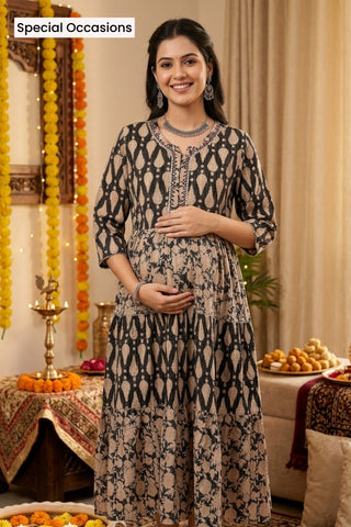 Ethnic Cotton Tiered Maternity Kurti for Feeding - Black