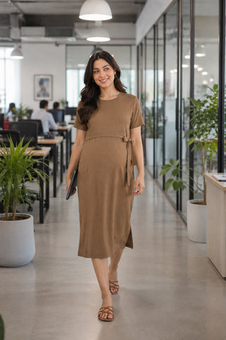 Signature Jacquard Rib Zipless Feeding Dress - Brown