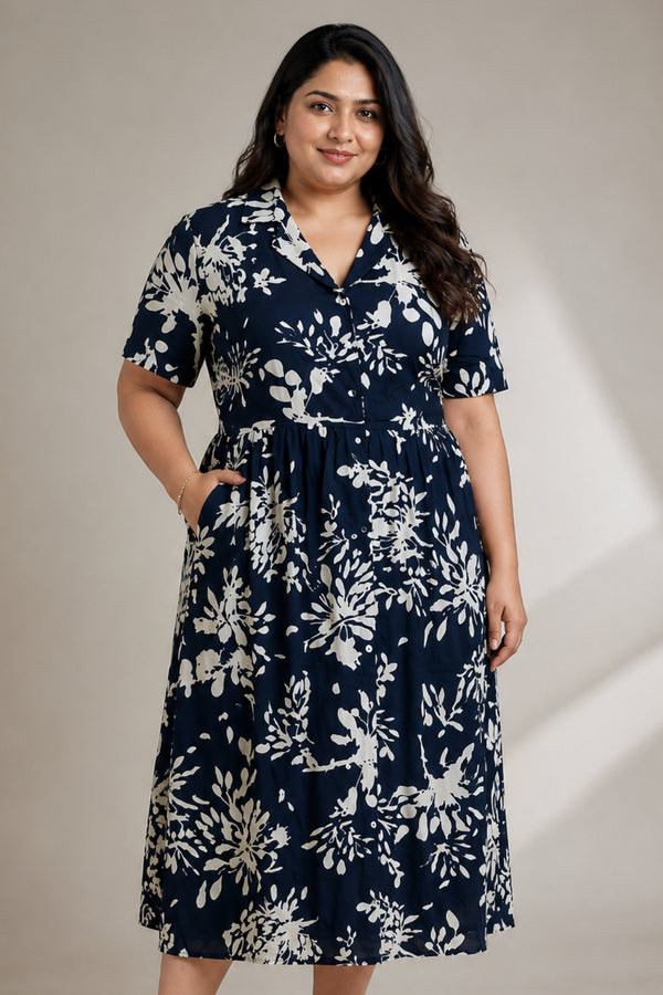Floral Printed Zipless Feeding Dress - Dark Navy