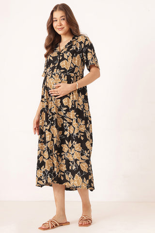Floral Printed Zipless Feeding Dress - Black