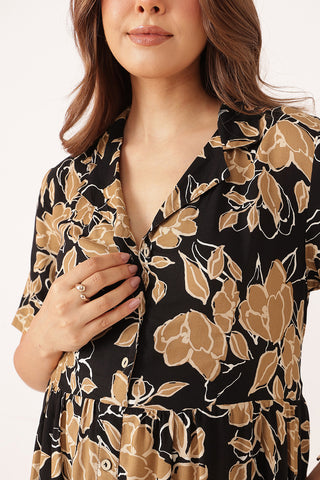 Floral Printed Zipless Feeding Dress - Black