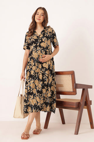 Floral Printed Zipless Feeding Dress - Black