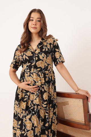 Floral Printed Zipless Feeding Dress - Black