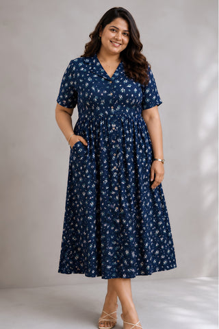 Floral Printed Zipless Feeding Dress - Dusty Blue