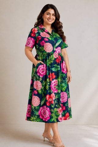 Floral Printed Cotton Zipless Feeding  Dress - Navy Blue
