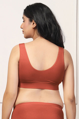 Rust Padded Bra; wire-free construction ensures comfort during rest and activity.