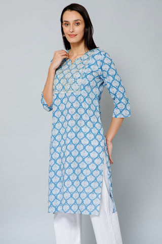 Blue and White Embroidery & Sequins Maternity Kurti