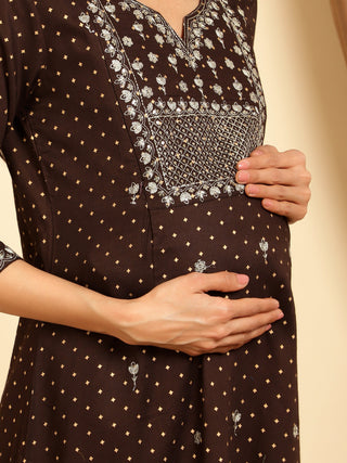 The Rayon Brown sequins embroidered maternity kurti Kurti featuring discreet nursing zips for new mothers.
