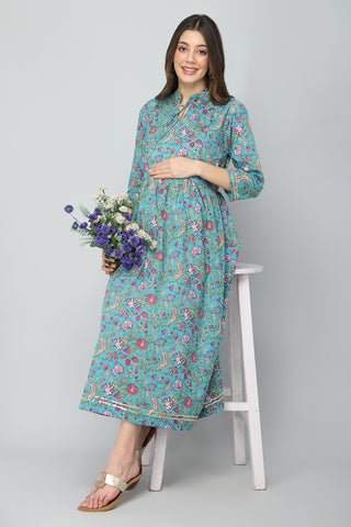 Blue & Pink Floral Print Maternity Dress Front View - Blue Soft Maternity Dress with Feeding Zips