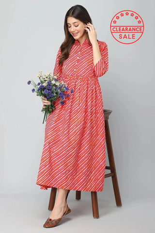Full view of the Red Orange & White Stripe Print Kurti Rayon Kurti on a model, highlighting its A-line fit and length.