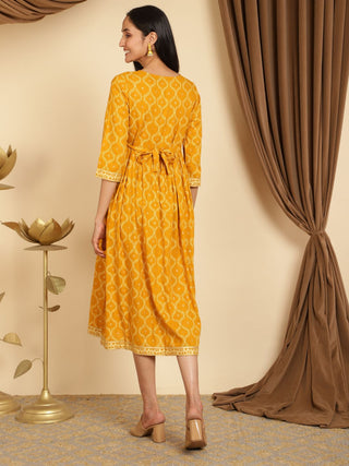 Mustard Yellow Maternity Dresses with Pocket and Tassel Neckline