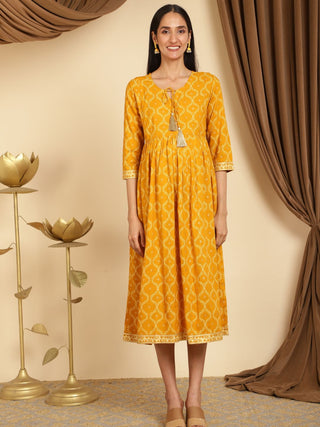 Mustard Yellow Maternity Dresses with Pocket and Tassel Neckline