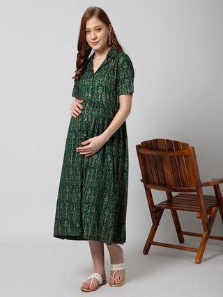 Luxe Green Zipless Maternity Kurti with Pockets