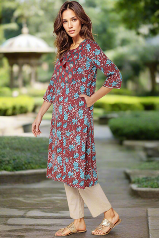 Ethnic Maroon Round Neck Feeding Kurti with Pocket