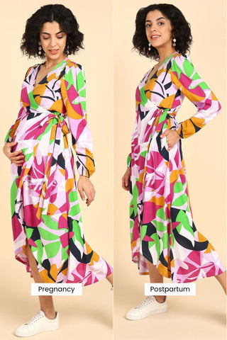 Elegant Stylish Look of Abstract Tropical Petal-Shaped Rayon Maternity Dress - Perfect for Any Occasion