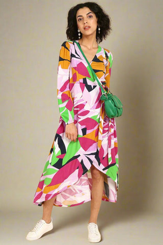 Abstract Tropical Petal-Shaped Rayon Maternity Dress Front View - Stylish Rayon Maternity Dress with Pockets