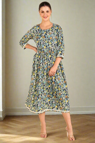 Full view of the Teal Anarkali Kurti Cotton Kurti on a model, highlighting its A-line fit and length.