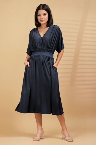Stylish Navy Maternity Wear - Navy Solid Smocked Waist Zipless Feeding Dress for New Moms
